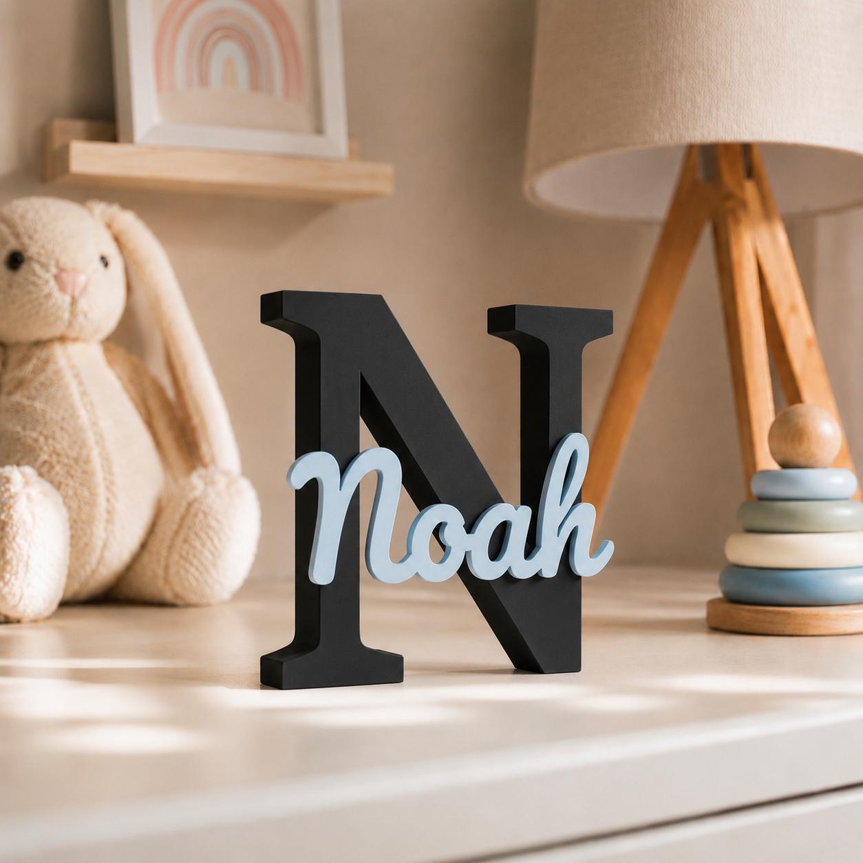 Personalized Name Sign with Large Black Initial & Name – Nursery Decor in Custom Color