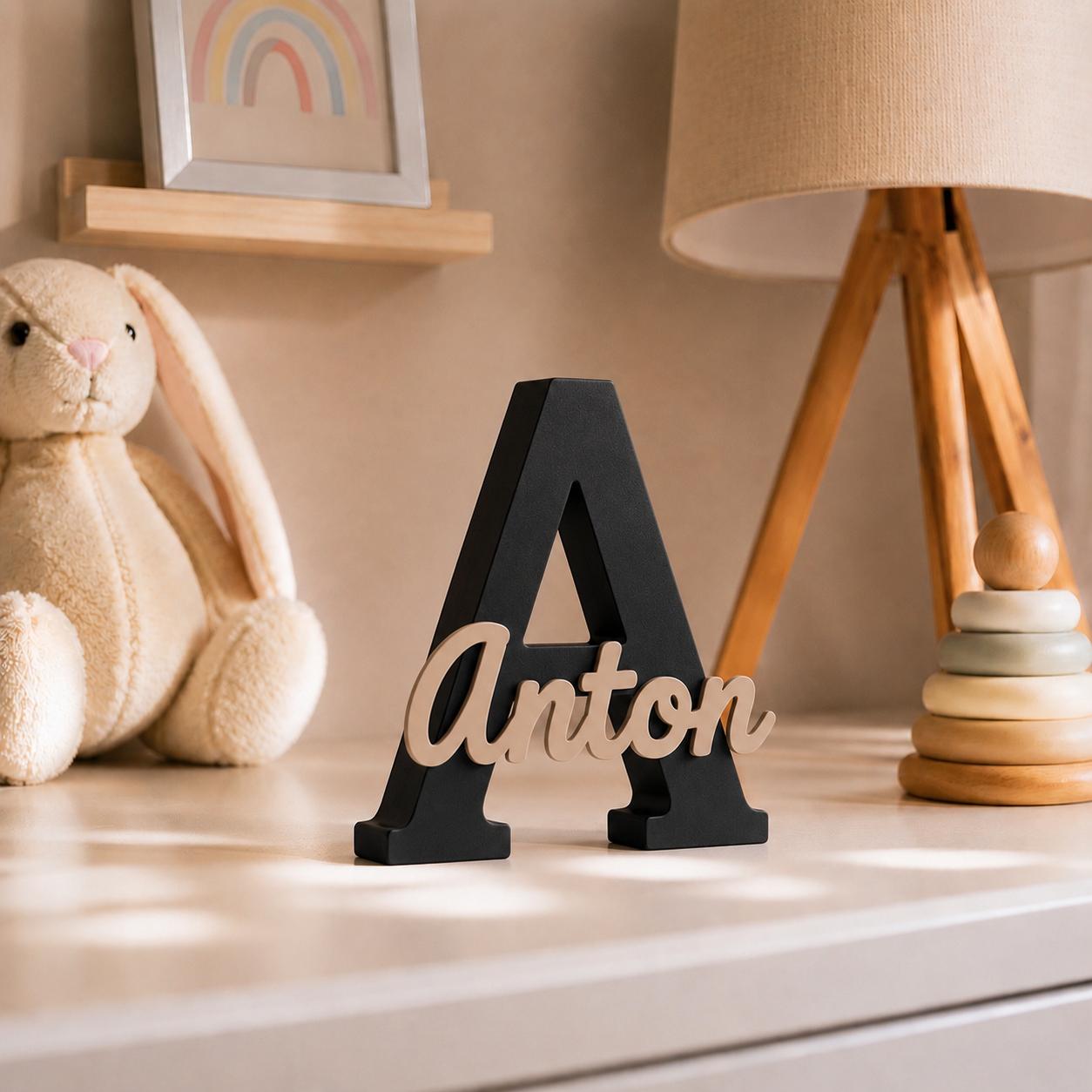 Personalized Name Sign with Large Black Initial & Name – Nursery Decor in Custom Color