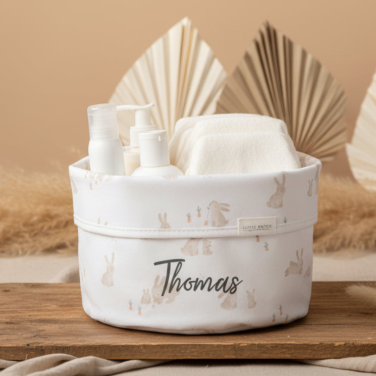 Personalized Baby Bunny Care Basket with Name – Round, Made of Cotton