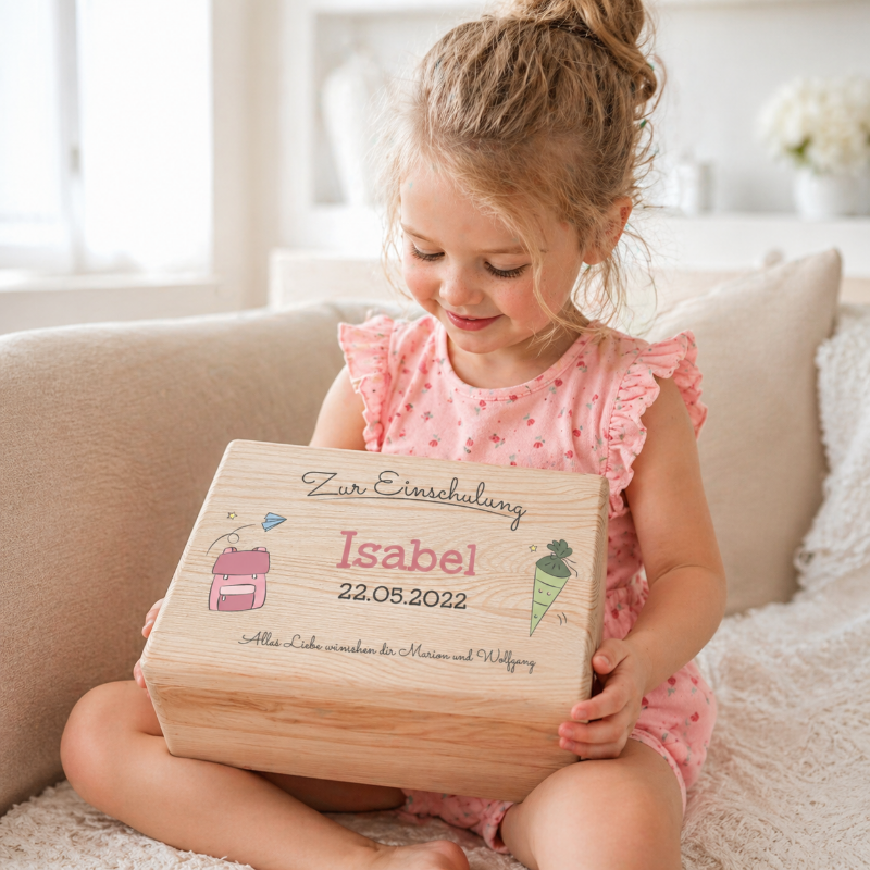 Kleines Mädchen hält eine personalisierte Erinnerungsbox aus Holz zur Einschulung mit dem Namen Isabel und Datum in den Händen