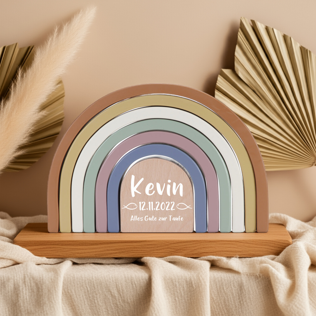 Personalized Rainbow Stacking Tower Vintage for Christening – Printed Wood | Schmatzepuffer
