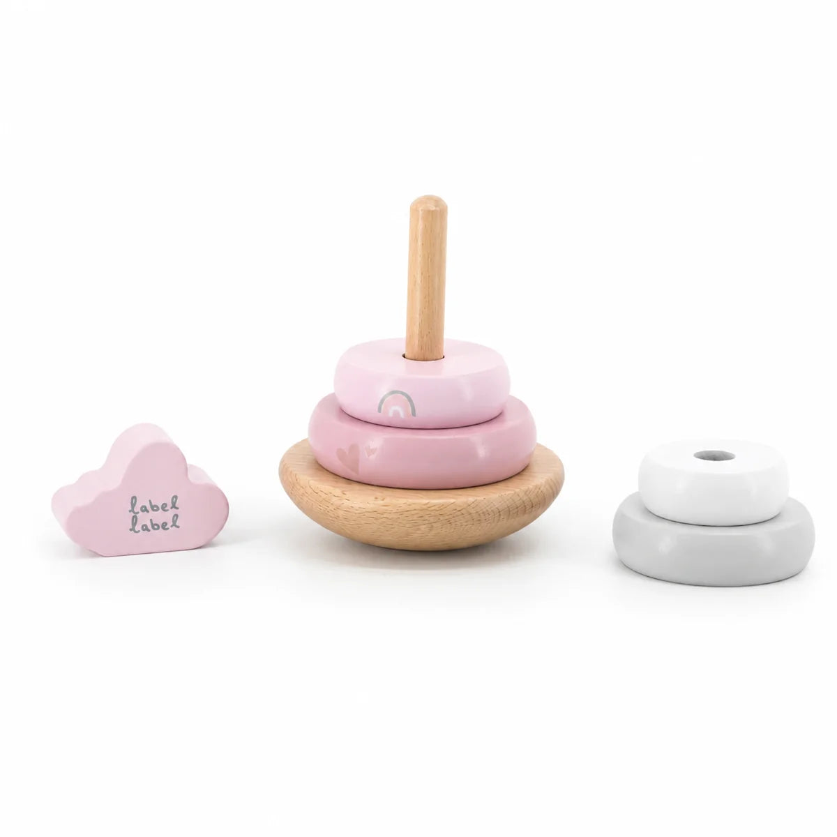 Tour d'équilibre en bois rose de Label Label - Jouet de motricité avec anneaux à empiler pour bébés à partir de 12 mois