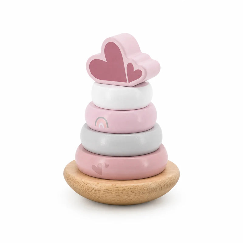 Tour d'équilibre en bois rose de Label Label - Jouet de motricité avec anneaux à empiler pour bébés à partir de 12 mois