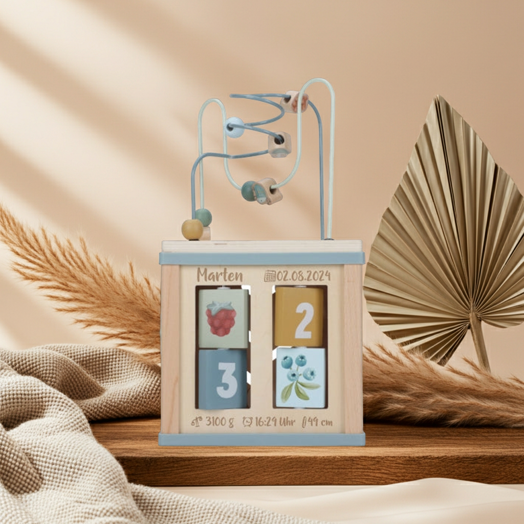 Personalized Wooden Activity Cube with Birth Details