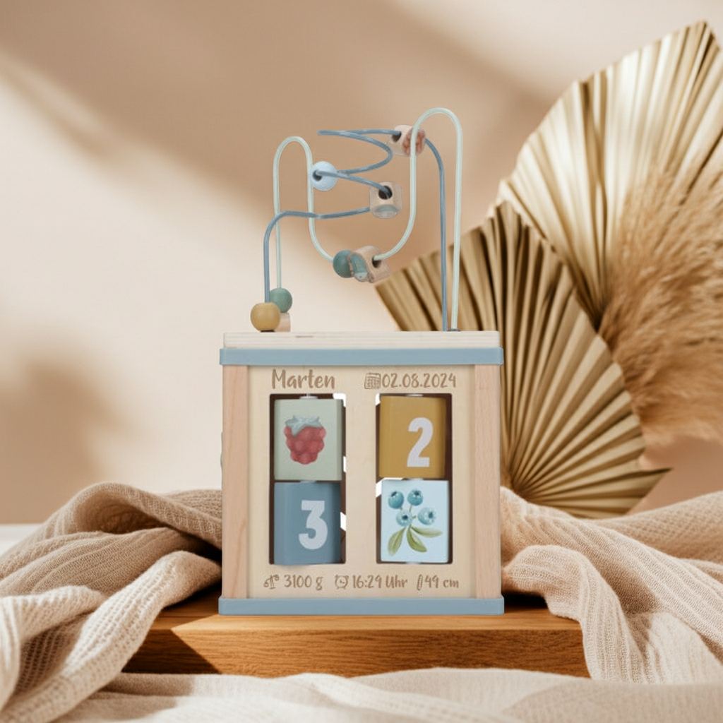 Personalized Wooden Activity Cube with Birth Details