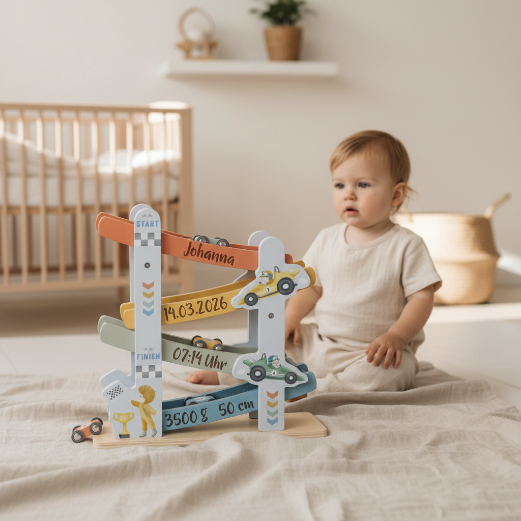 Personalisierte Holz Rennbahn zur Geburt – besonderes Geschenk für Kinder