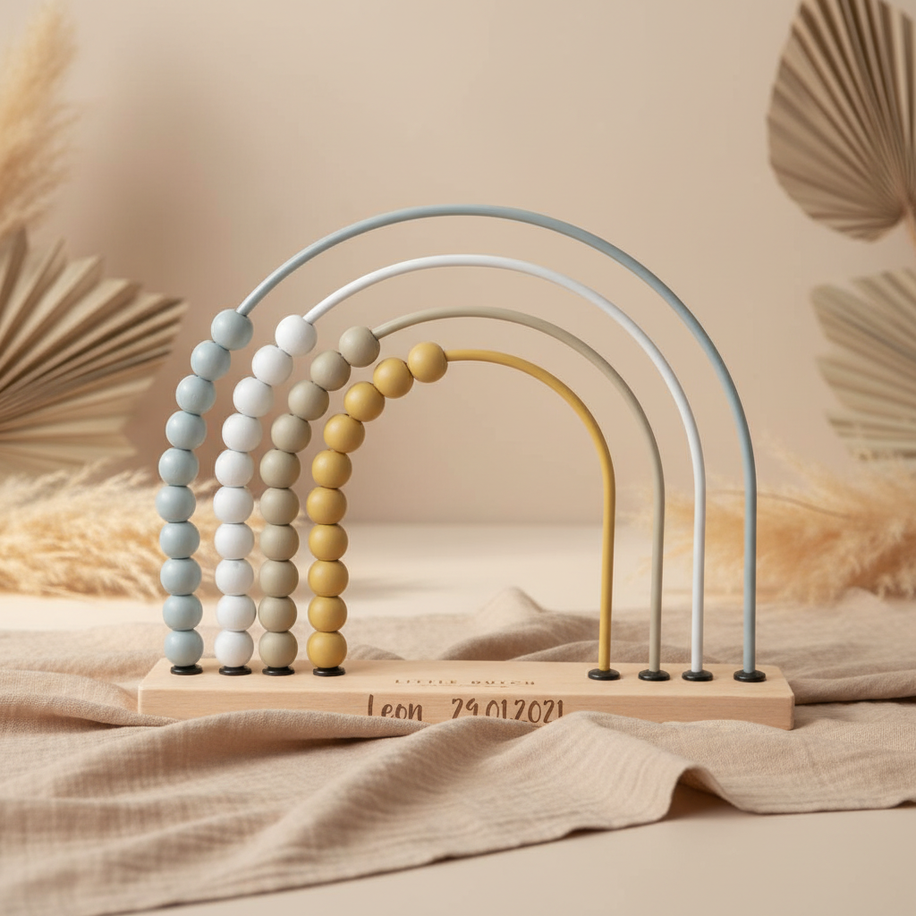 Personalisierter Little Dutch Rechenschieber Regenbogen in Blau mit Name und Wunschdatum als Geschenk zur Geburt im natürlichen Boho-Stil