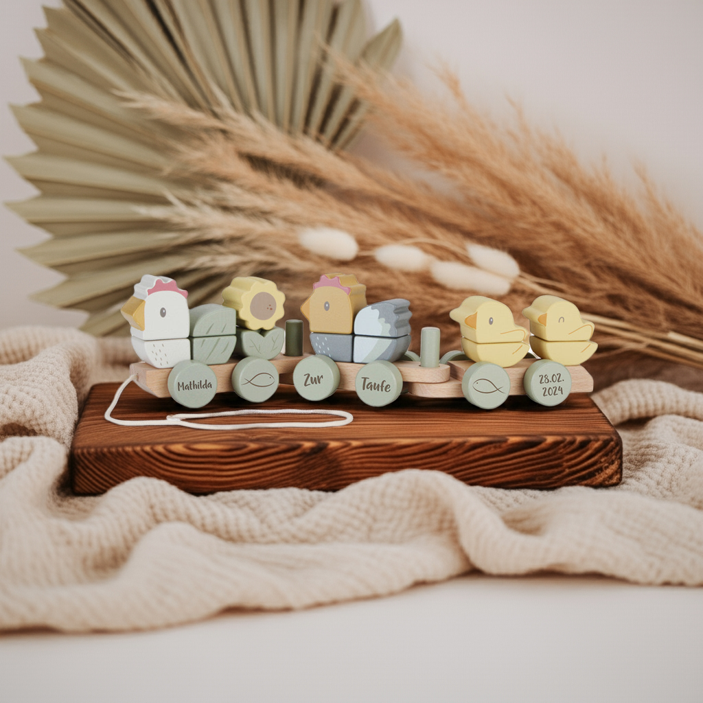Personalized Wooden Train Chicken with Name - Christening Gift | Schmatzepuffer
