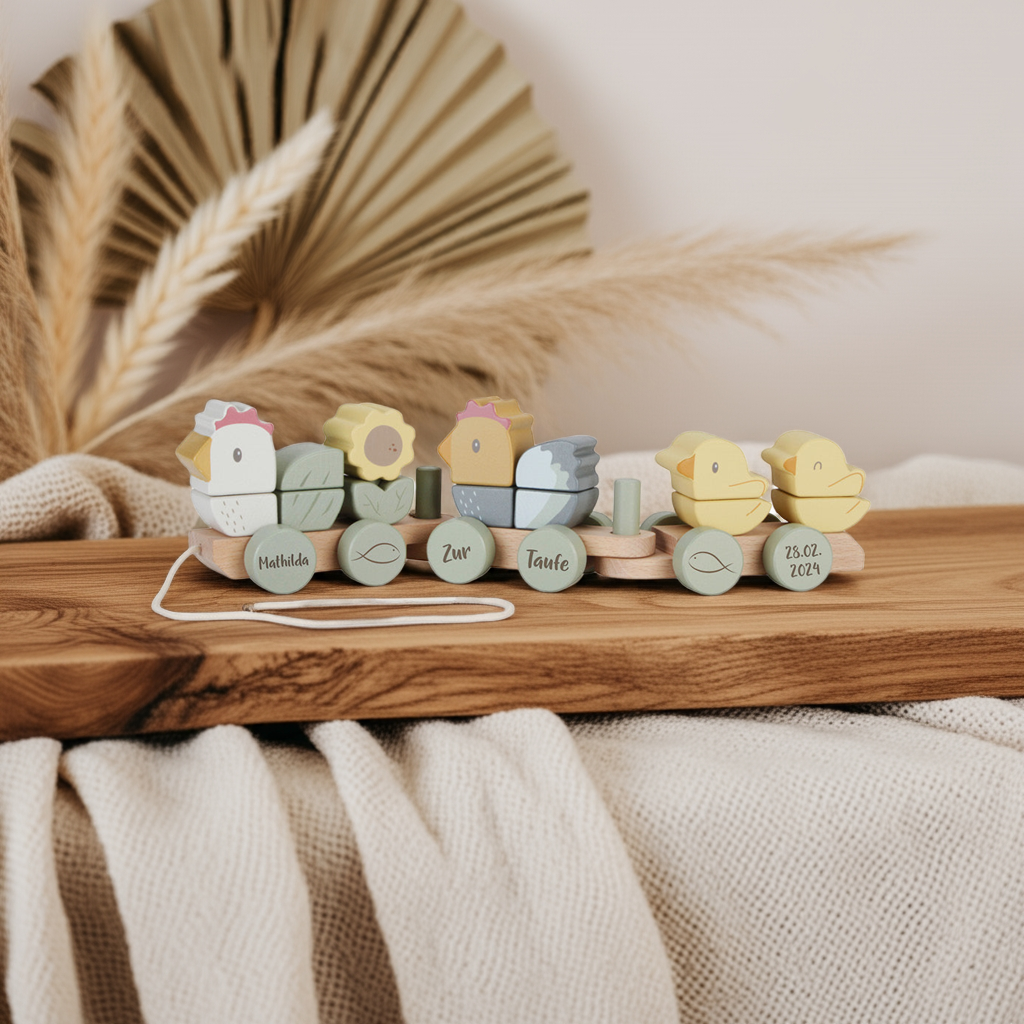 Personalized Wooden Train Chicken with Name - Christening Gift | Schmatzepuffer