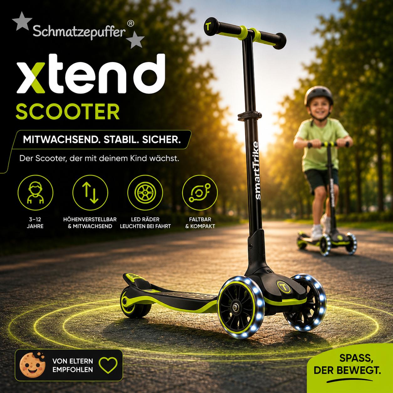 Kinder Scooter mit LED Rädern Lime mitwachsend faltbar im Outdoor Einsatz – moderner Kinderroller für Alltag und Freizeit